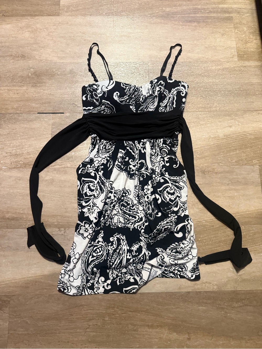 Black & White Paisley Tie-Waist Spaghetti Strap Dress